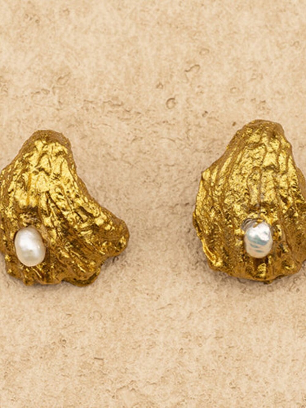Handmade Papier-Mâché Gold Leaf Seashell Stud Earrings with Pearl
